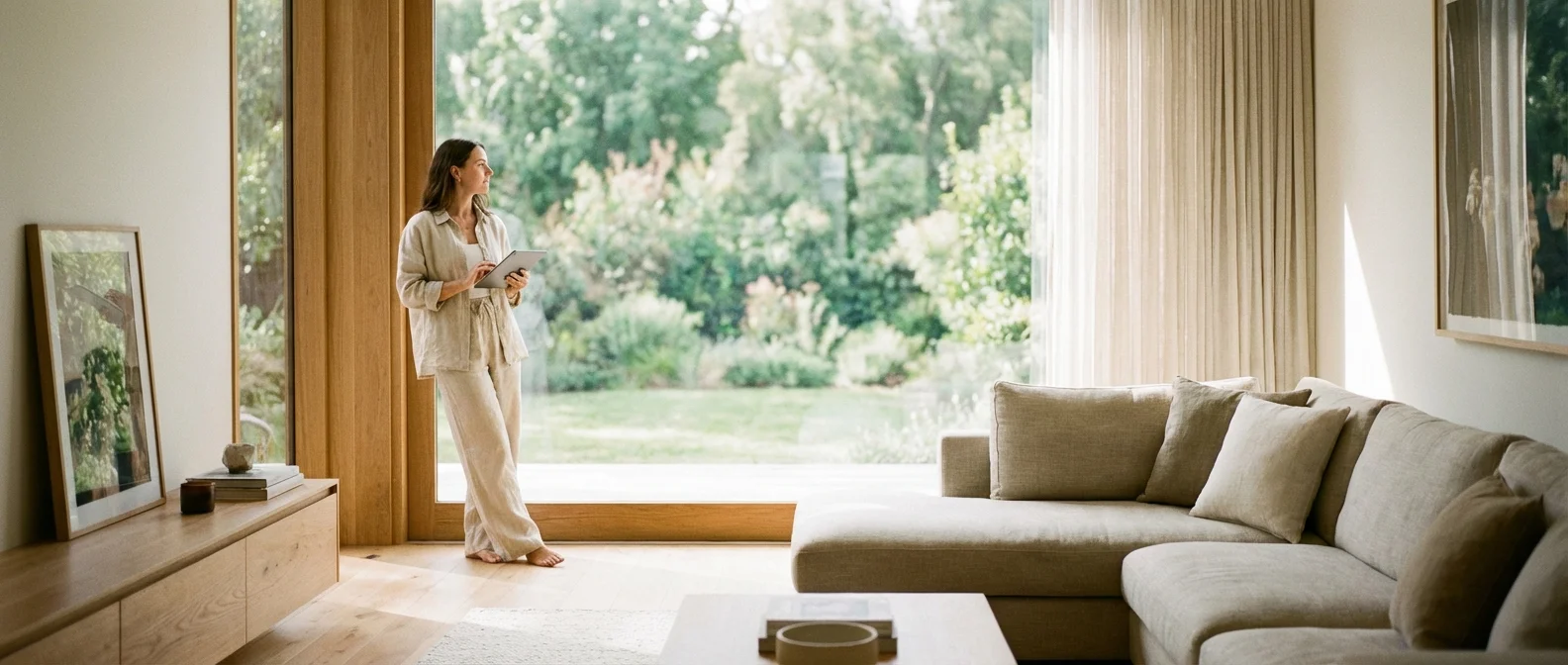 A woman looking out a window thoughtfully while holding a tablet, representing the big-picture view of tax tiers.