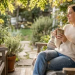 Woman in a sweater sitting on a porch swing holding a mug in a garden