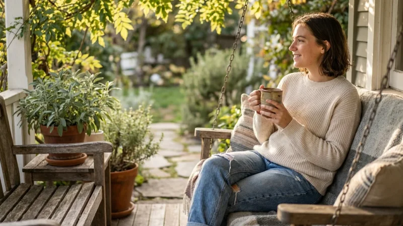 Woman in a sweater sitting on a porch swing holding a mug in a garden