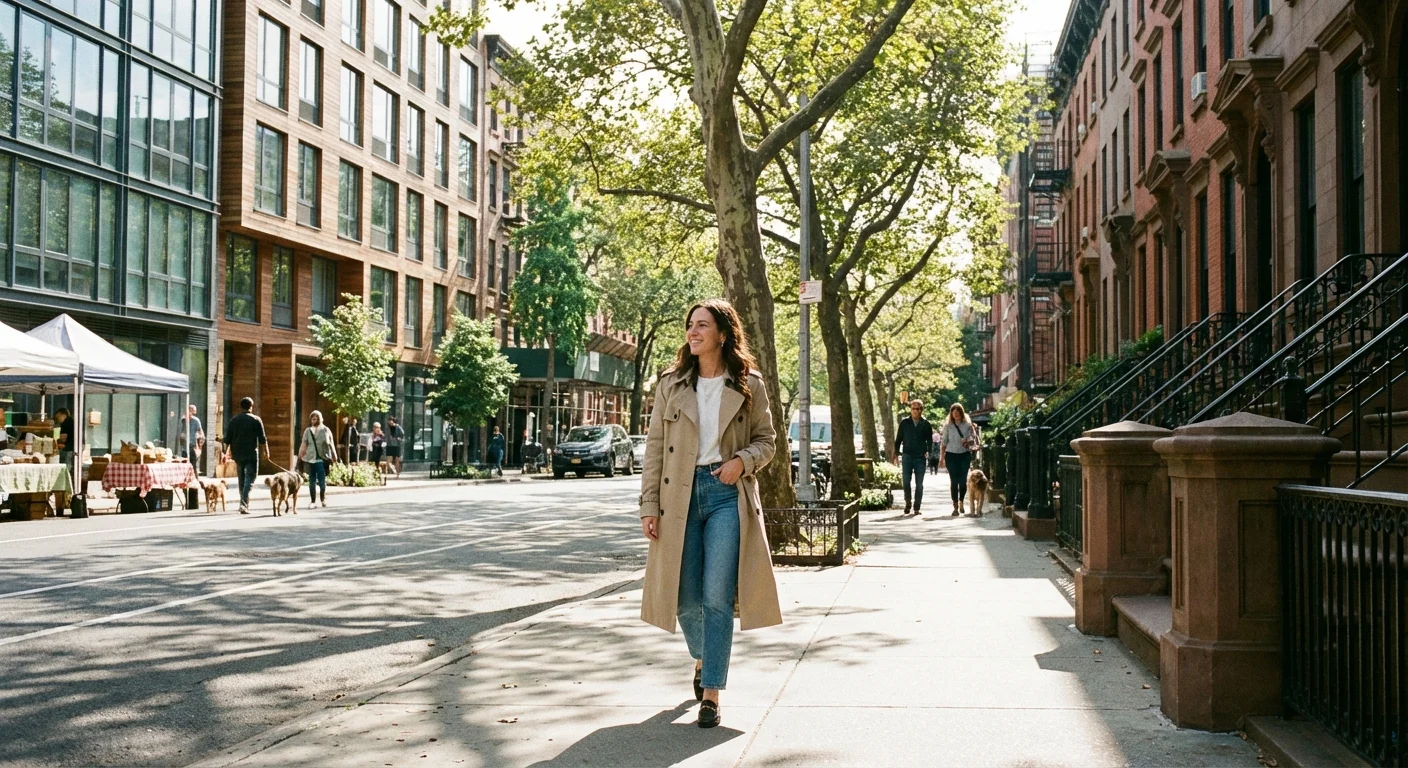 A person walking through a neighborhood with various types of houses and apartments.