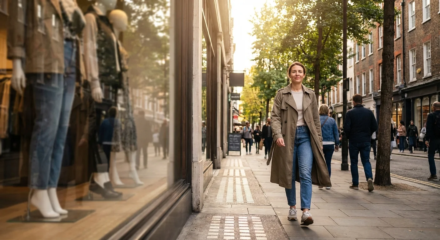A person walking confidently past a blurred store window on a city street.
