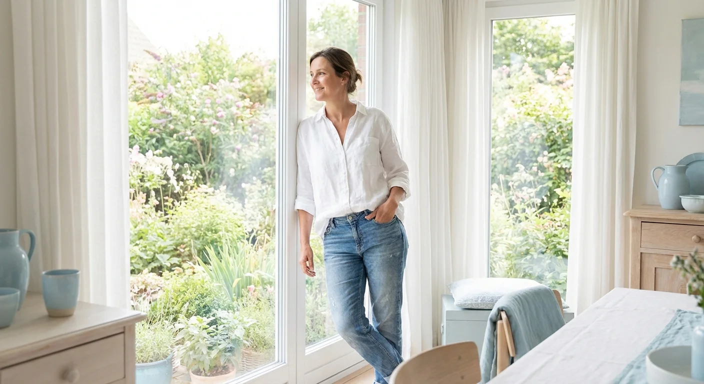A person looking out a window with a look of relief and peace.