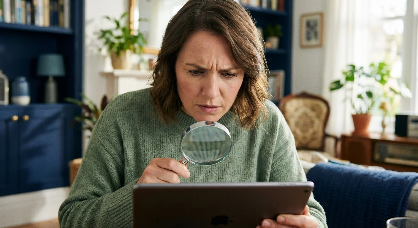 A person using a magnifying glass to look closely at a tablet, symbolizing careful scrutiny.