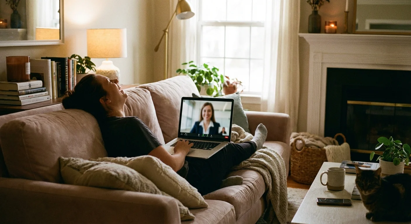 A person on a video call with a financial professional from their sofa.