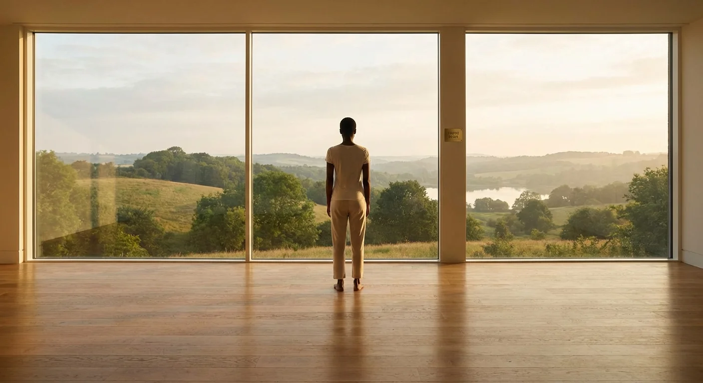 A person looking out a window in a bright, empty room.