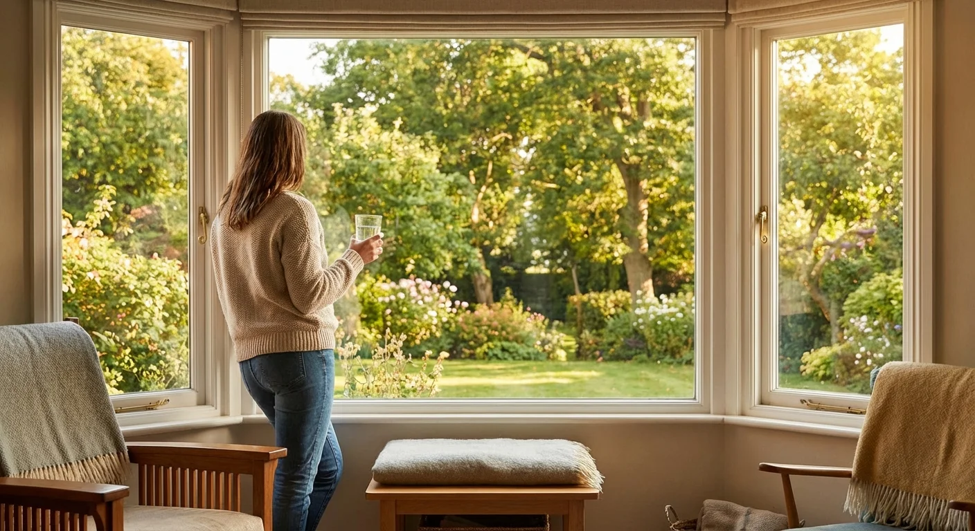 A person looking out a window at their backyard, symbolizing freedom.