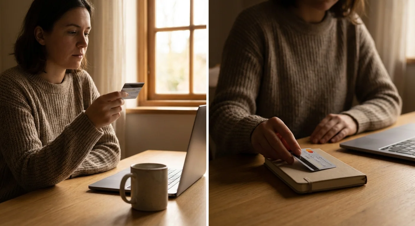 A person thoughtfully setting down a credit card on a desk.