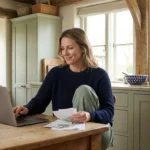 A woman reviews paper receipts while using a laptop in a rustic green kitchen.