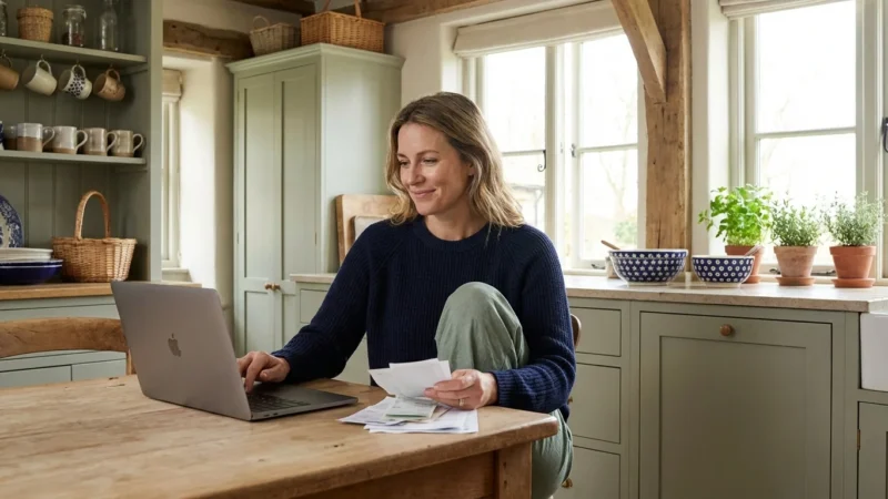 A woman reviews paper receipts while using a laptop in a rustic green kitchen.