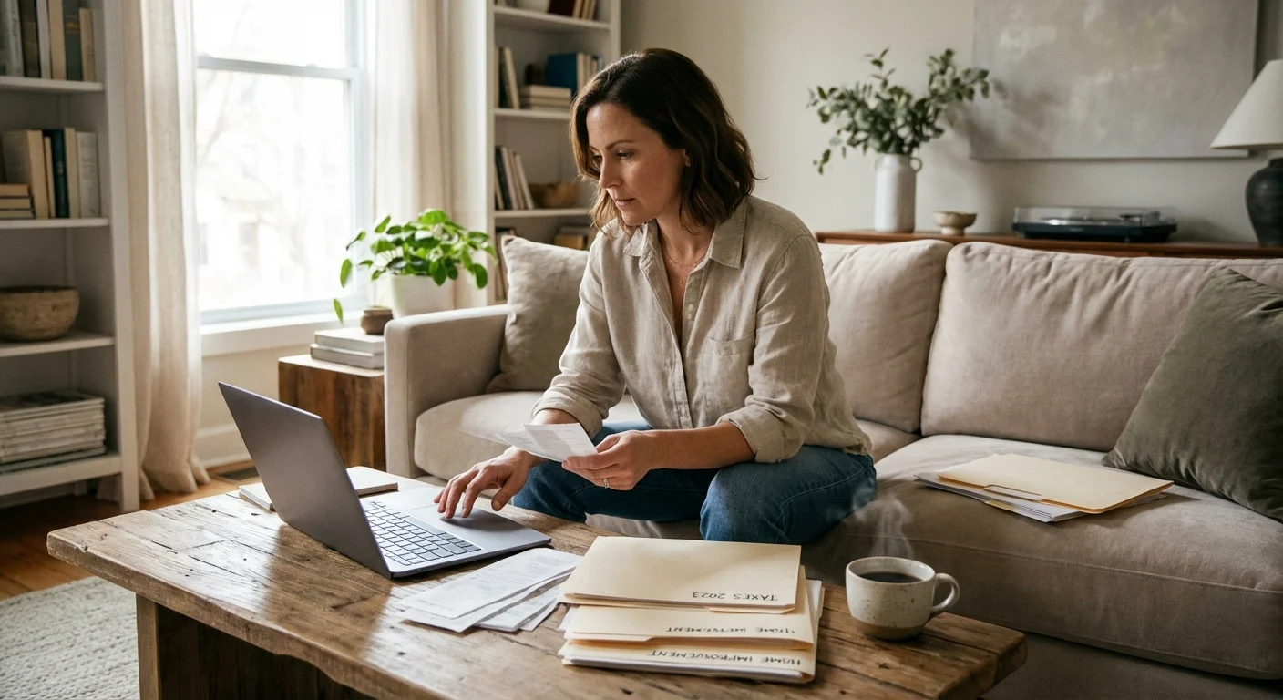 A person carefully organizing a stack of receipts and documents on a coffee table.