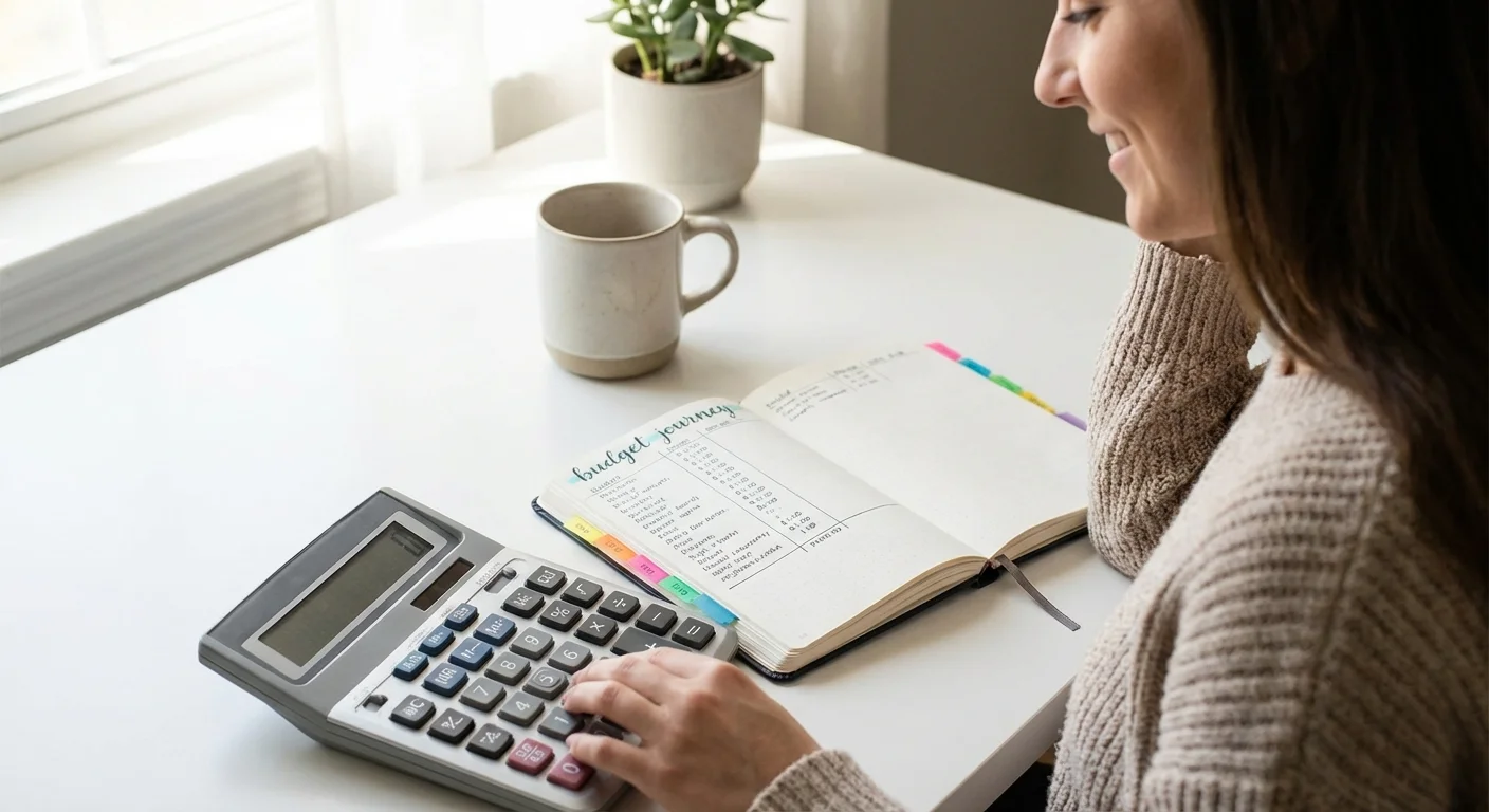 A person calculating savings at a clean desk, showing a sense of satisfaction and clarity.