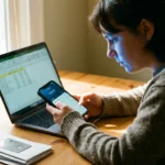 A woman uses a smartphone and laptop to manage personal finances and spreadsheets at home.