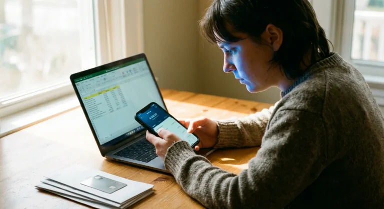 A woman uses a smartphone and laptop to manage personal finances and spreadsheets at home.