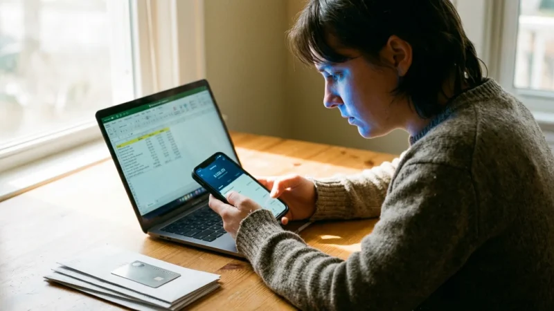 A woman uses a smartphone and laptop to manage personal finances and spreadsheets at home.