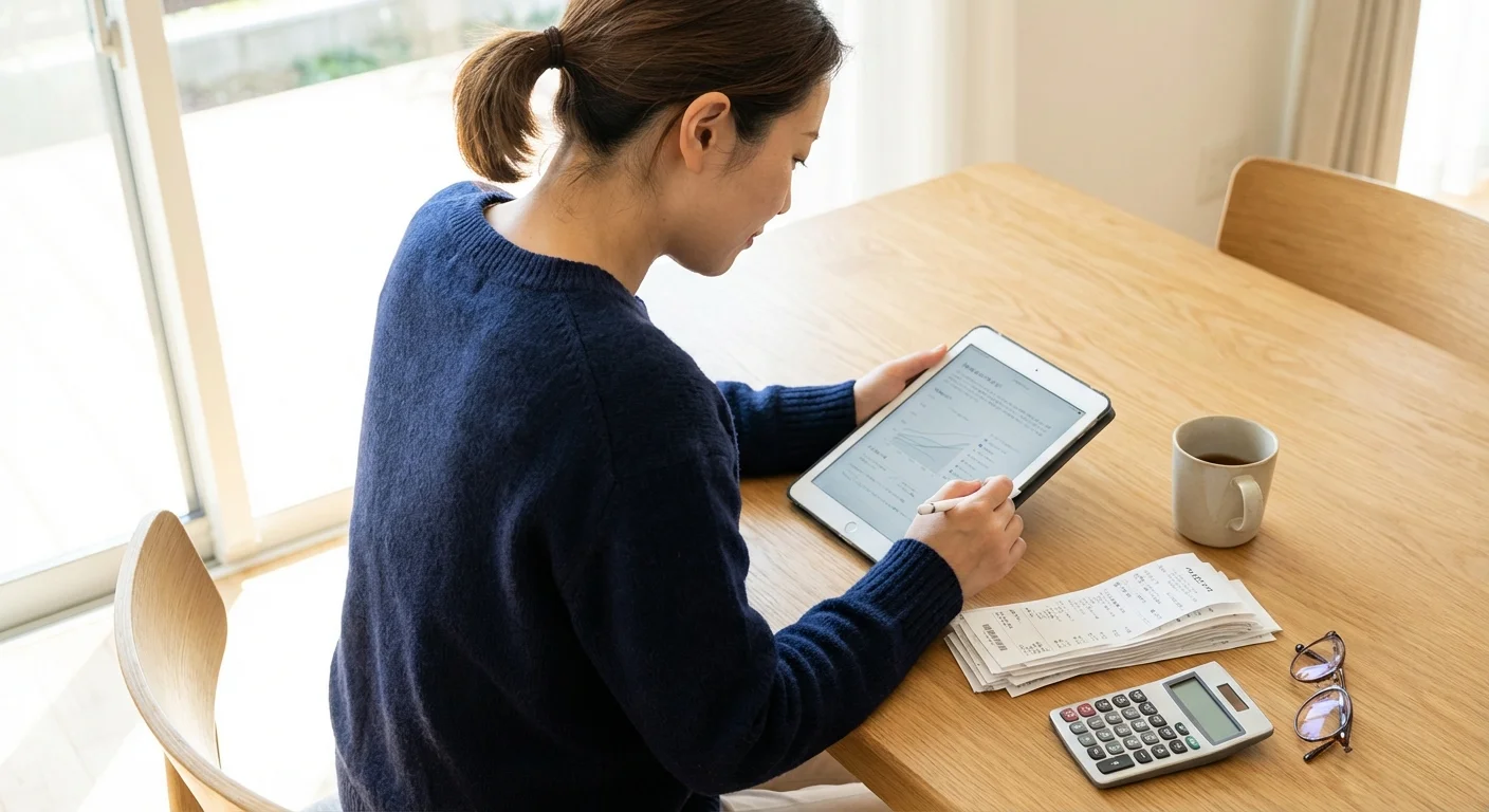 A woman reviewing financial documents on a tablet in a bright home office.
