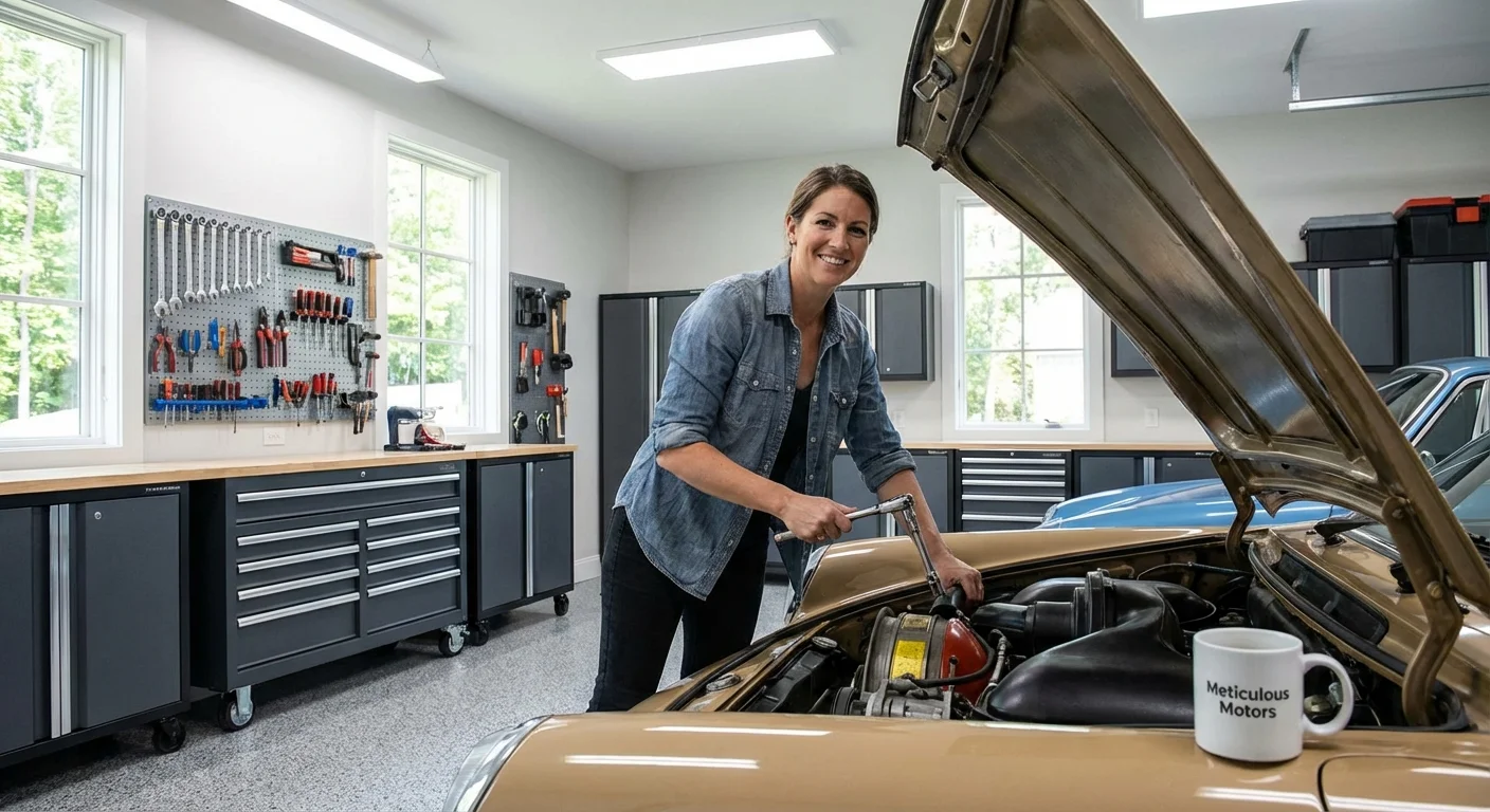 A person working on a car in a clean, well-lit home garage.