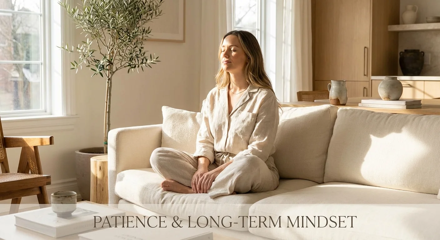 A person sitting peacefully on a couch, embodying the patience of a long-term investor.