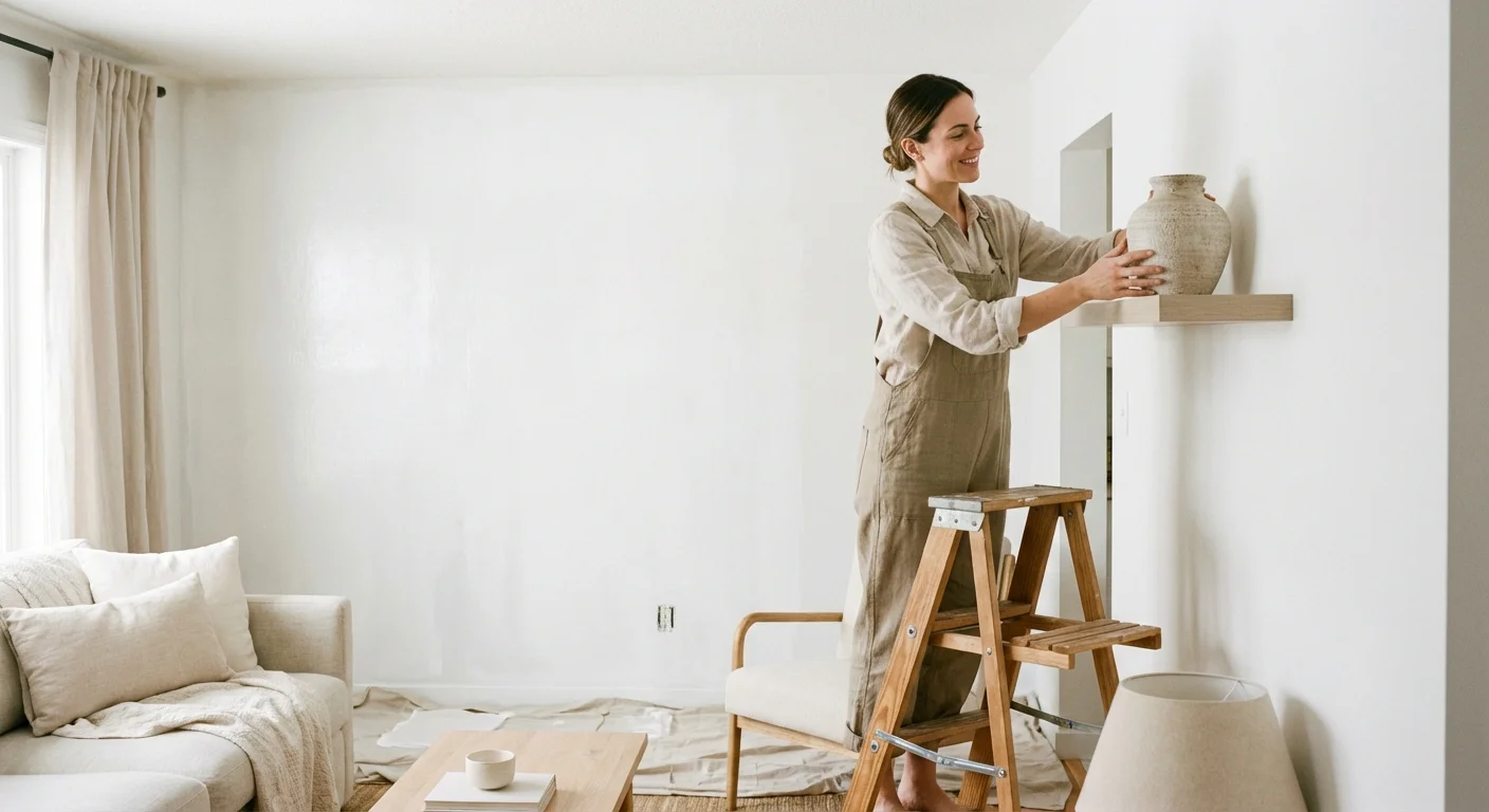 A homeowner staging a bright living room to prepare for a home sale.