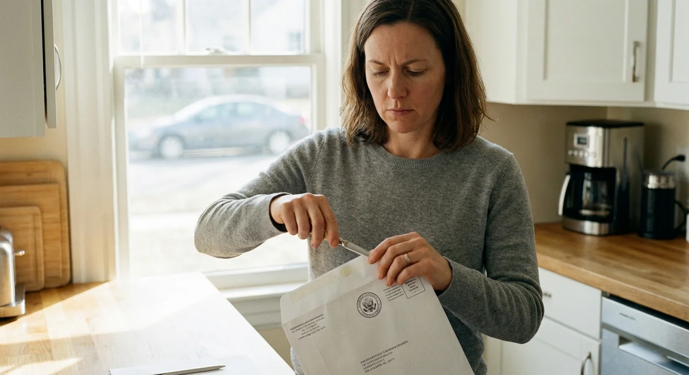 A person opening a government mail envelope in a modern kitchen.