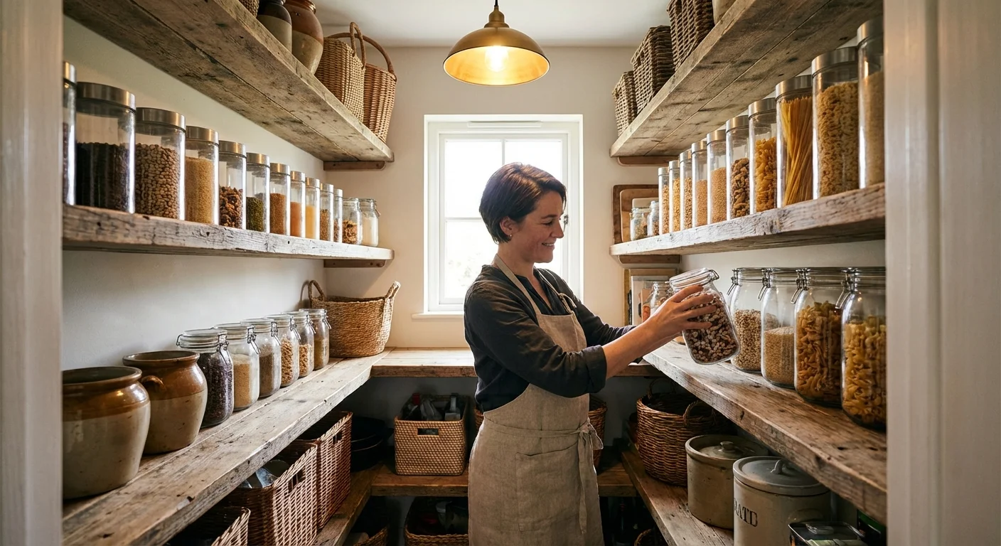 A person organizing a well-stocked kitchen pantry with glass jars.