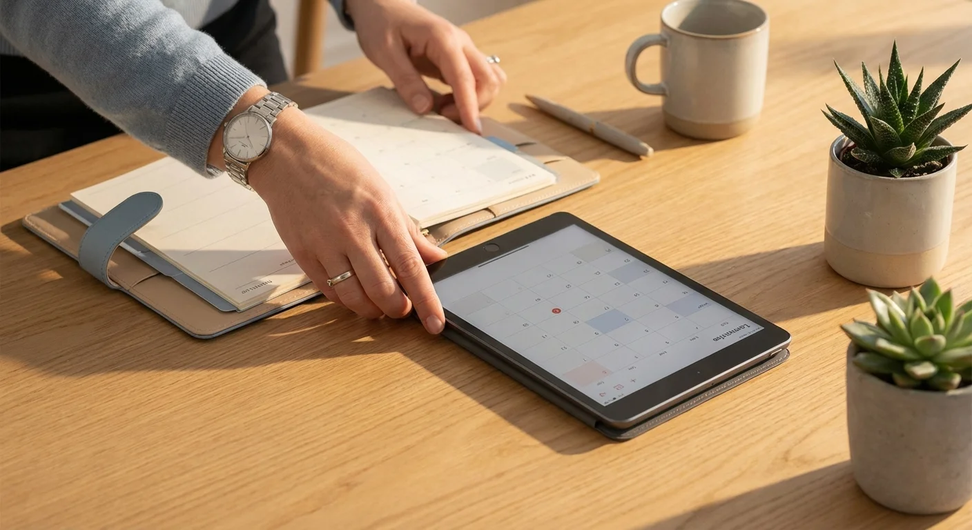 Close-up of hands using a tablet and planner on a desk, symbolizing financial organization.