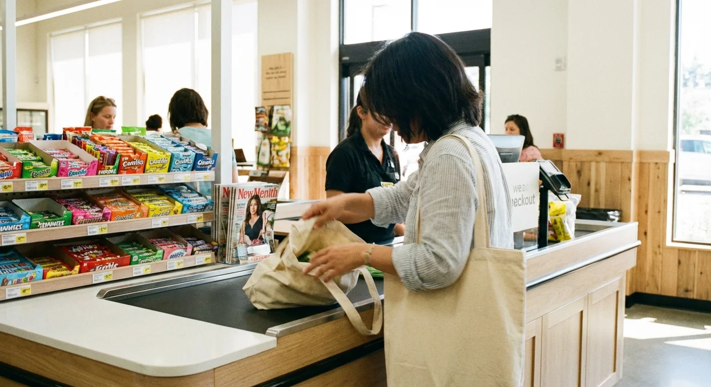 A shopper at checkout ignoring candy displays.