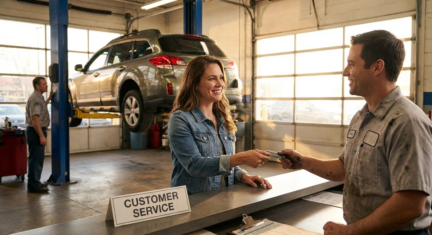 A person confidently paying for car repairs at an auto shop.