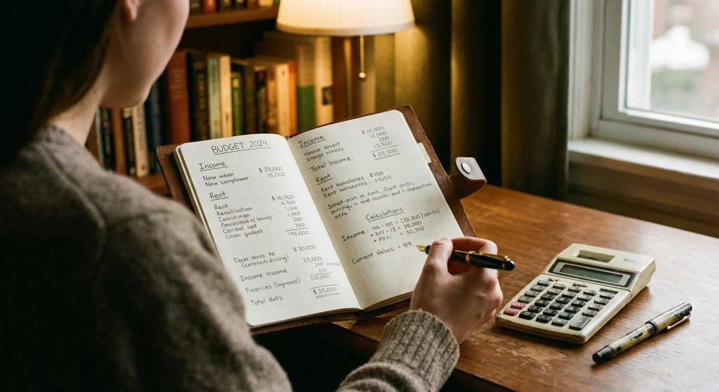 Over-the-shoulder view of someone writing in a budget journal at a desk.