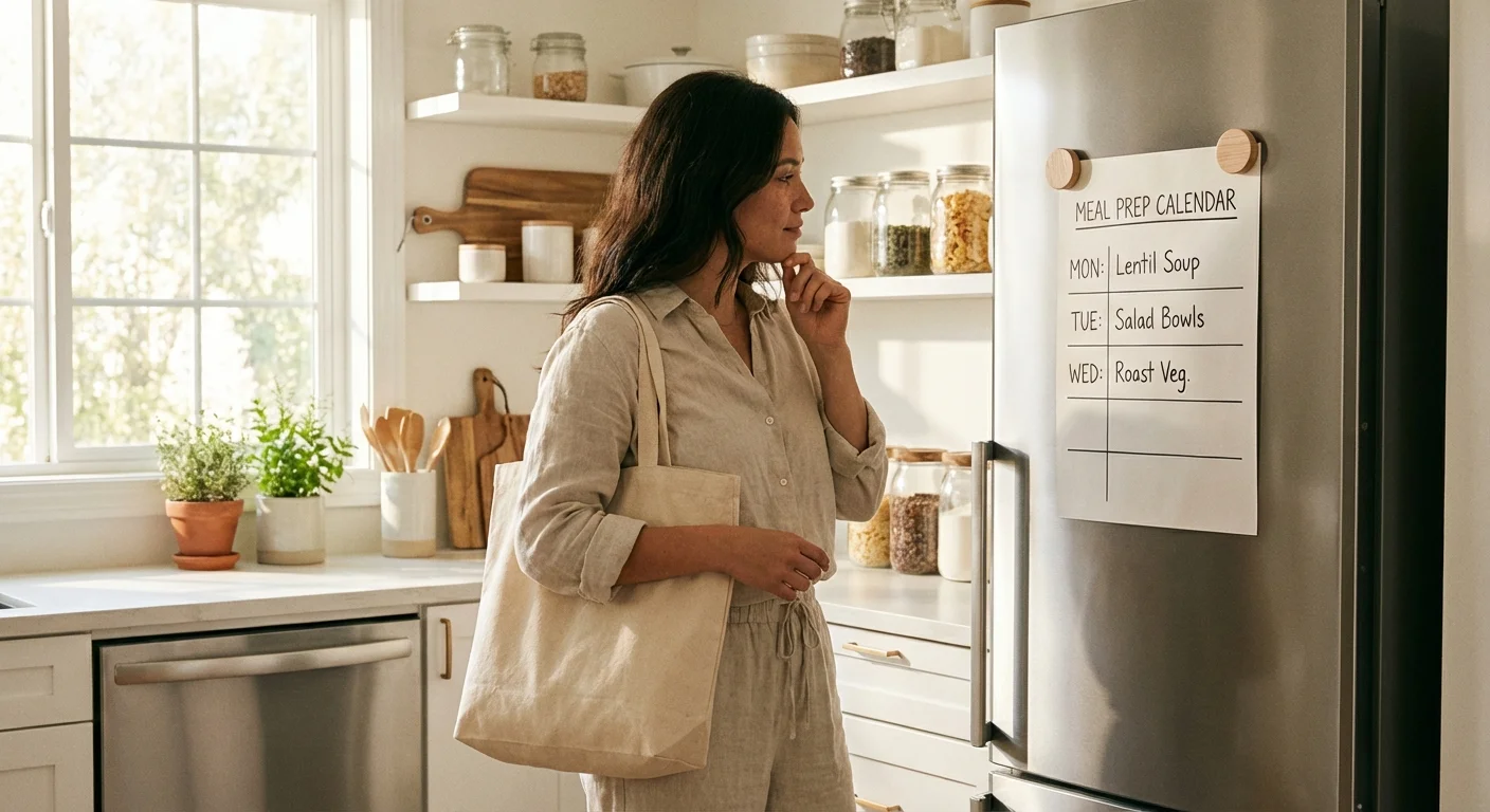A person looking at a meal planning calendar on their refrigerator.