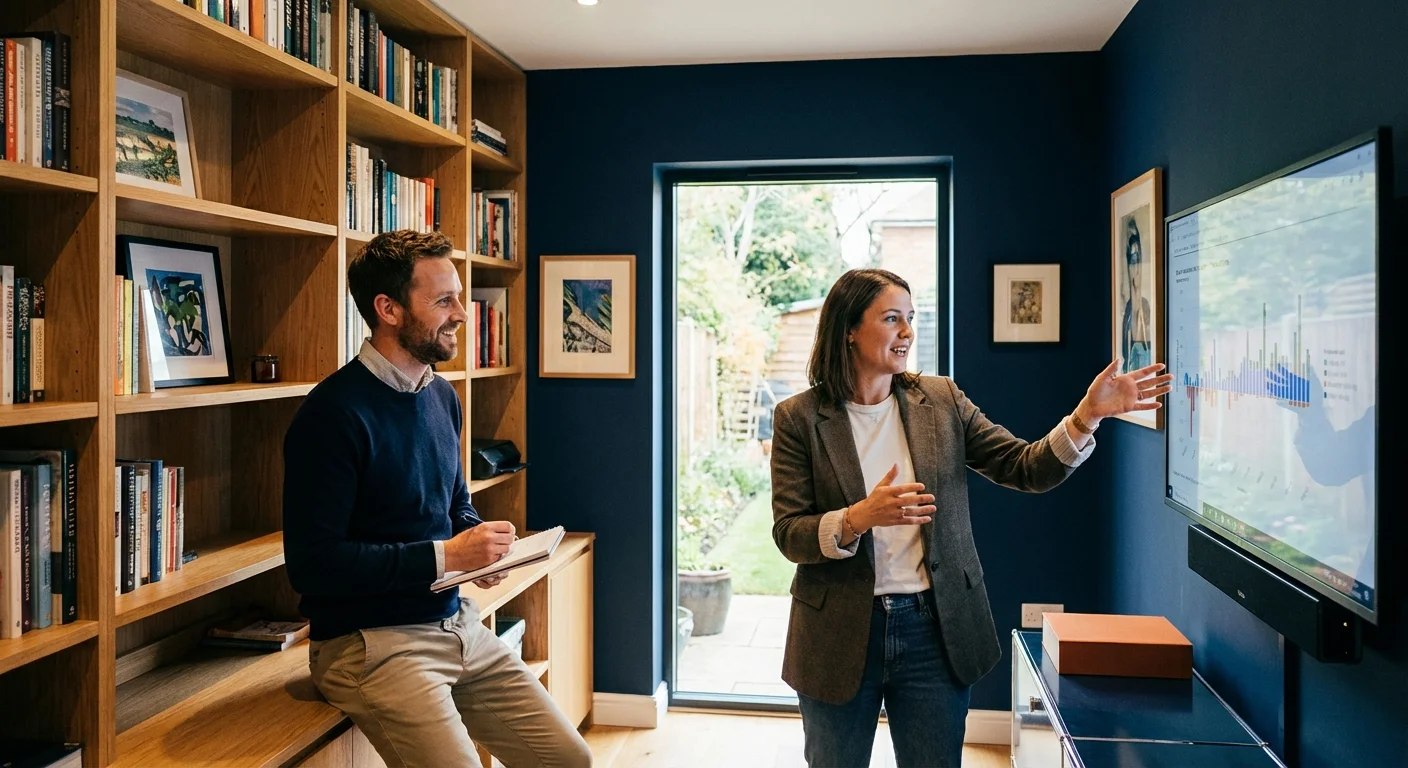 Two people having a professional discussion in a home office.