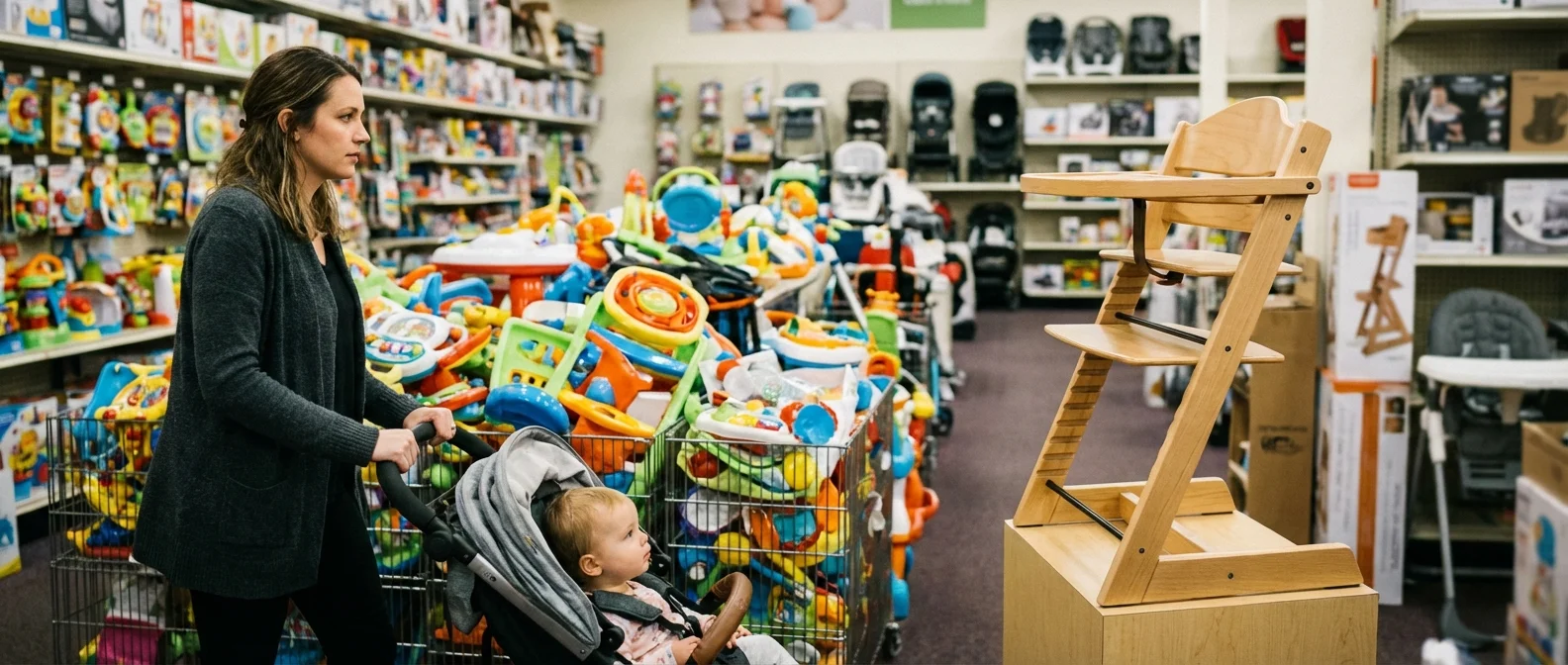 A parent walking past a busy store shelf, focusing on a specific item.