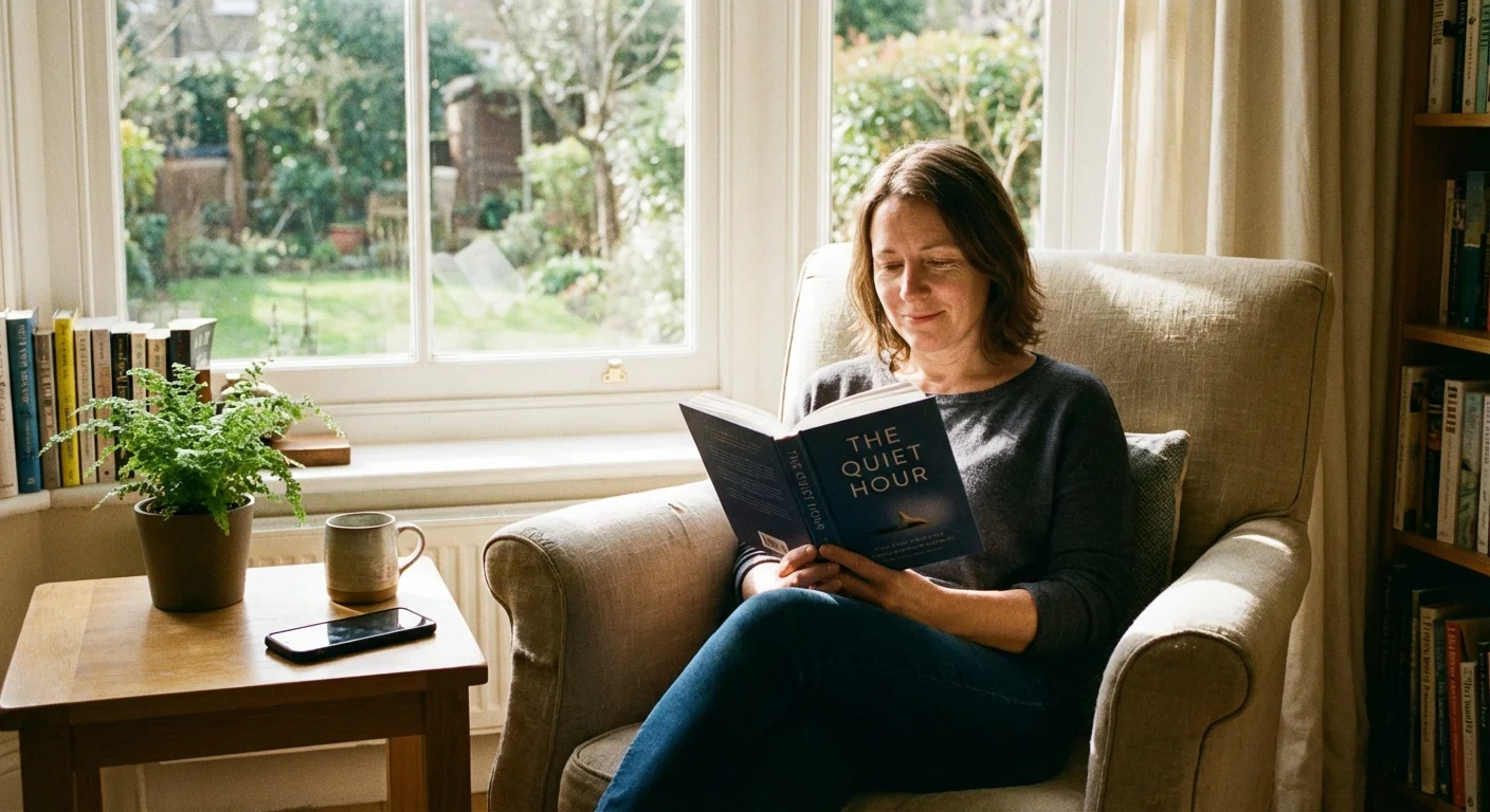 A person peacefully reading a book, ignoring their phone, symbolizing the mental freedom of index investing.