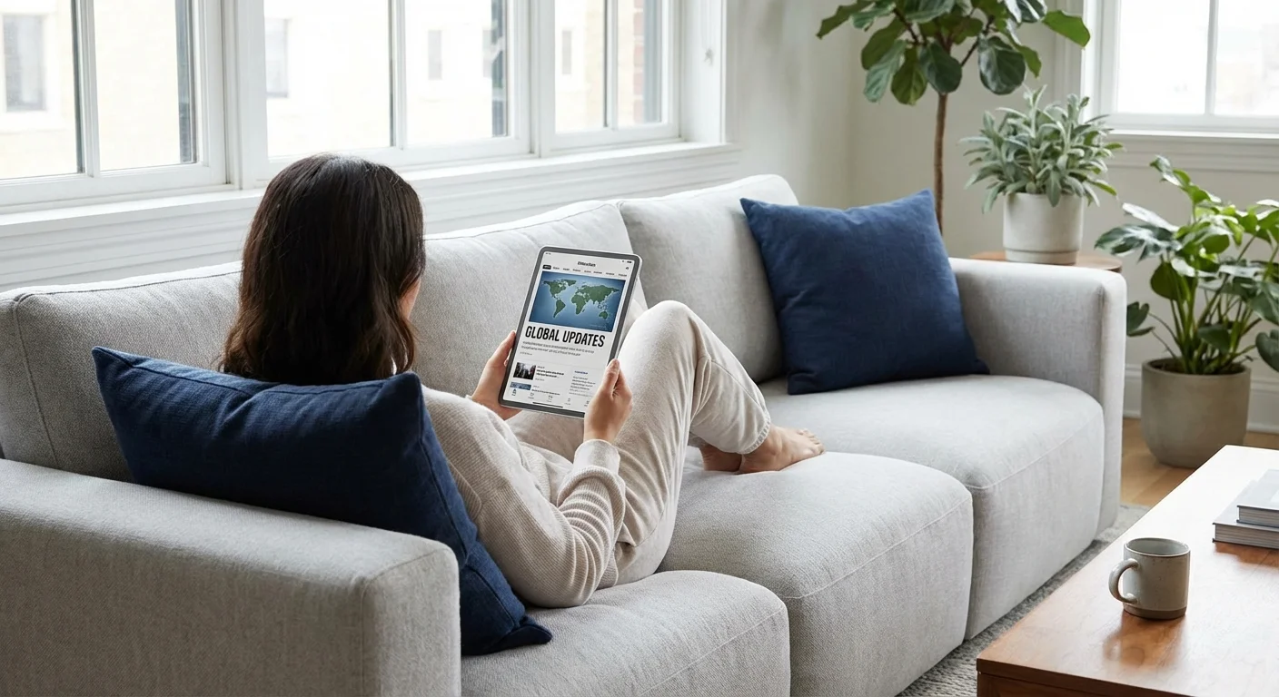 A person reading financial news on a tablet in a modern living room.