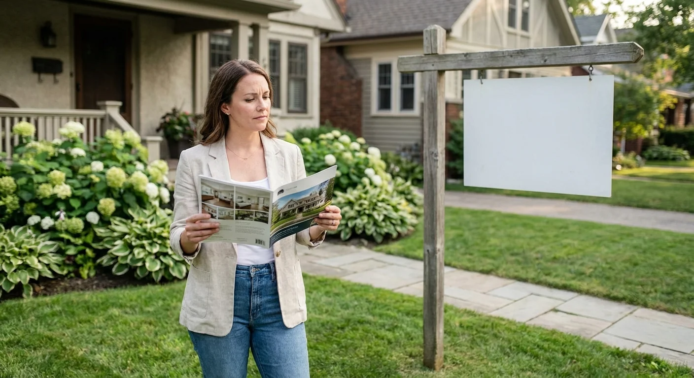 A person in a yard comparing different real estate selling options.