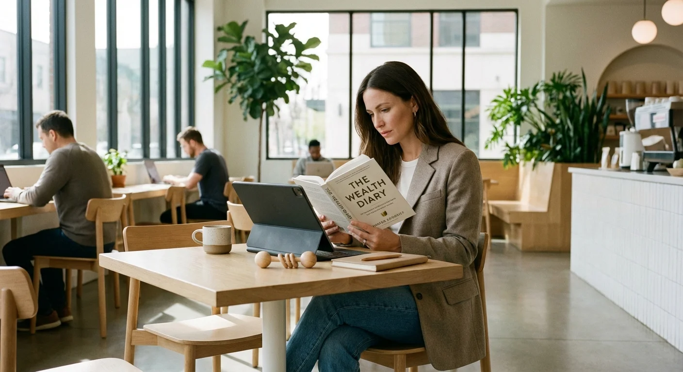 A person reading a finance book on a tablet in a bright cafe.