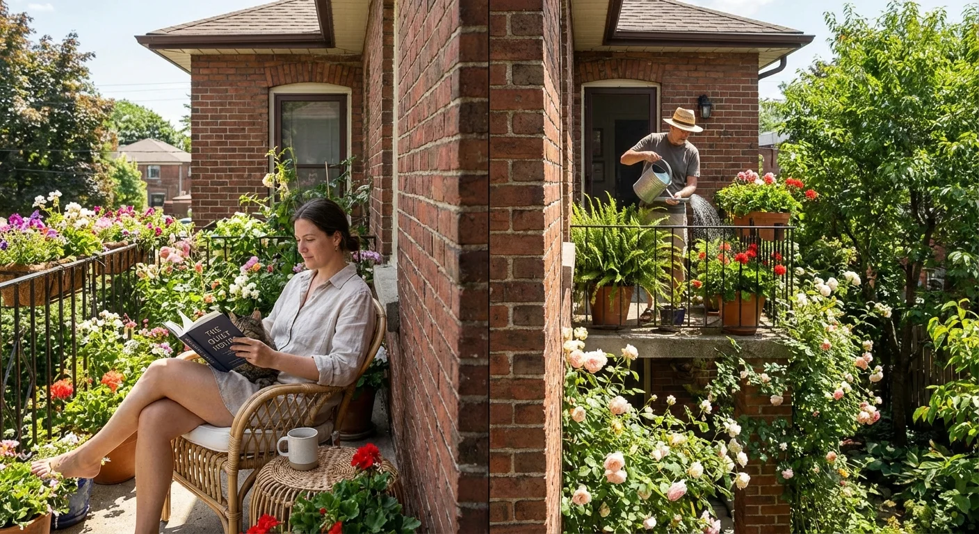 A charming brick duplex with two residents enjoying their separate units.