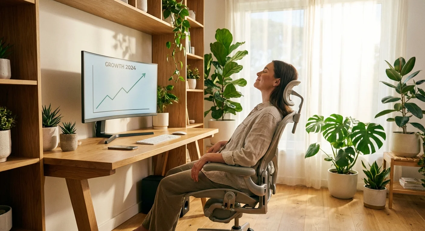 A woman looking satisfied while reviewing a simple, positive growth chart in her home office.