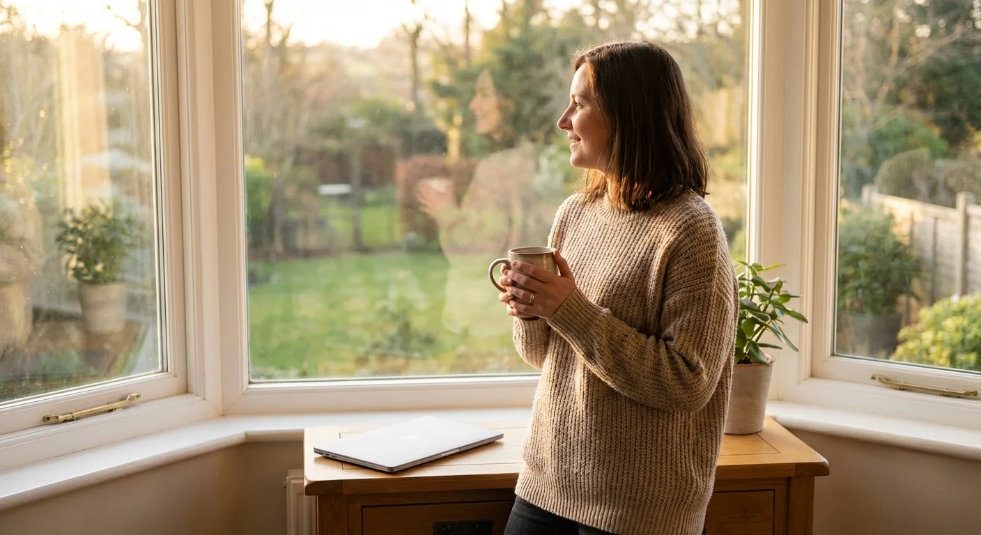 A person looking out a window with a calm expression, holding a mug.