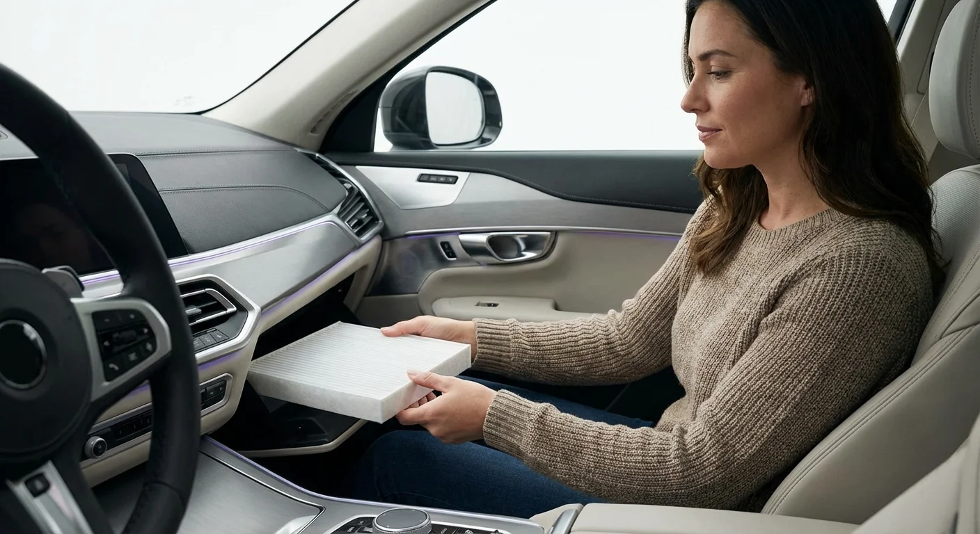 A person replacing the cabin air filter through the glovebox of a car.