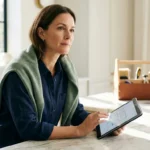 A woman reviews architectural floor plans on a digital tablet in a bright modern kitchen