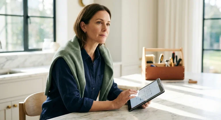 A woman reviews architectural floor plans on a digital tablet in a bright modern kitchen