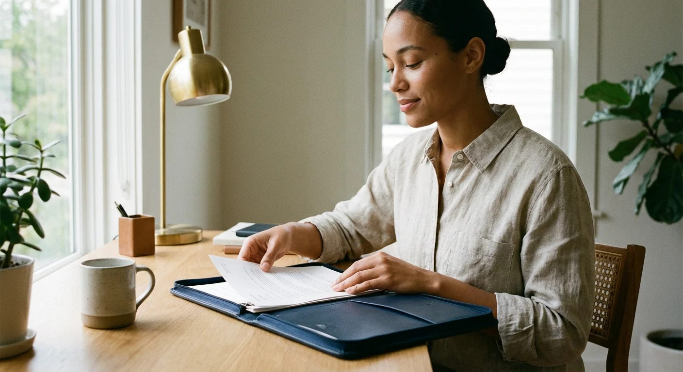 A person calmly organizing folders, representing the avoidance of financial mistakes.