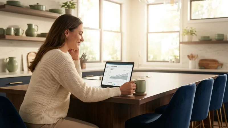 A smiling woman reviews financial growth charts on her laptop in a bright modern kitchen