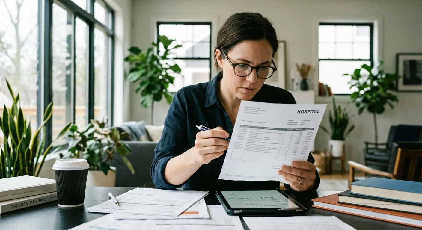 A person carefully comparing two documents with a pen in a bright office.