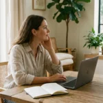 Woman sitting at a wooden table with a laptop, looking out a large window.