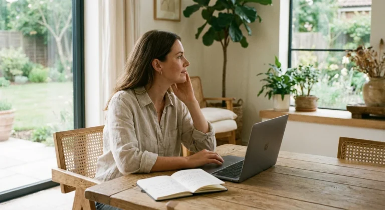 Woman sitting at a wooden table with a laptop, looking out a large window.