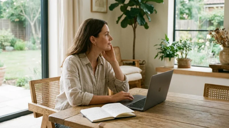 Woman sitting at a wooden table with a laptop, looking out a large window.
