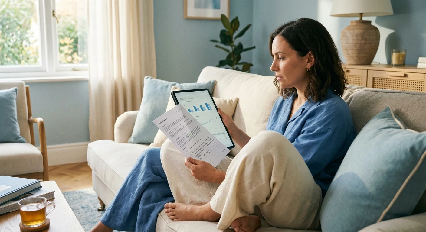 A person thoughtfully comparing a tablet and a document while on a sofa.