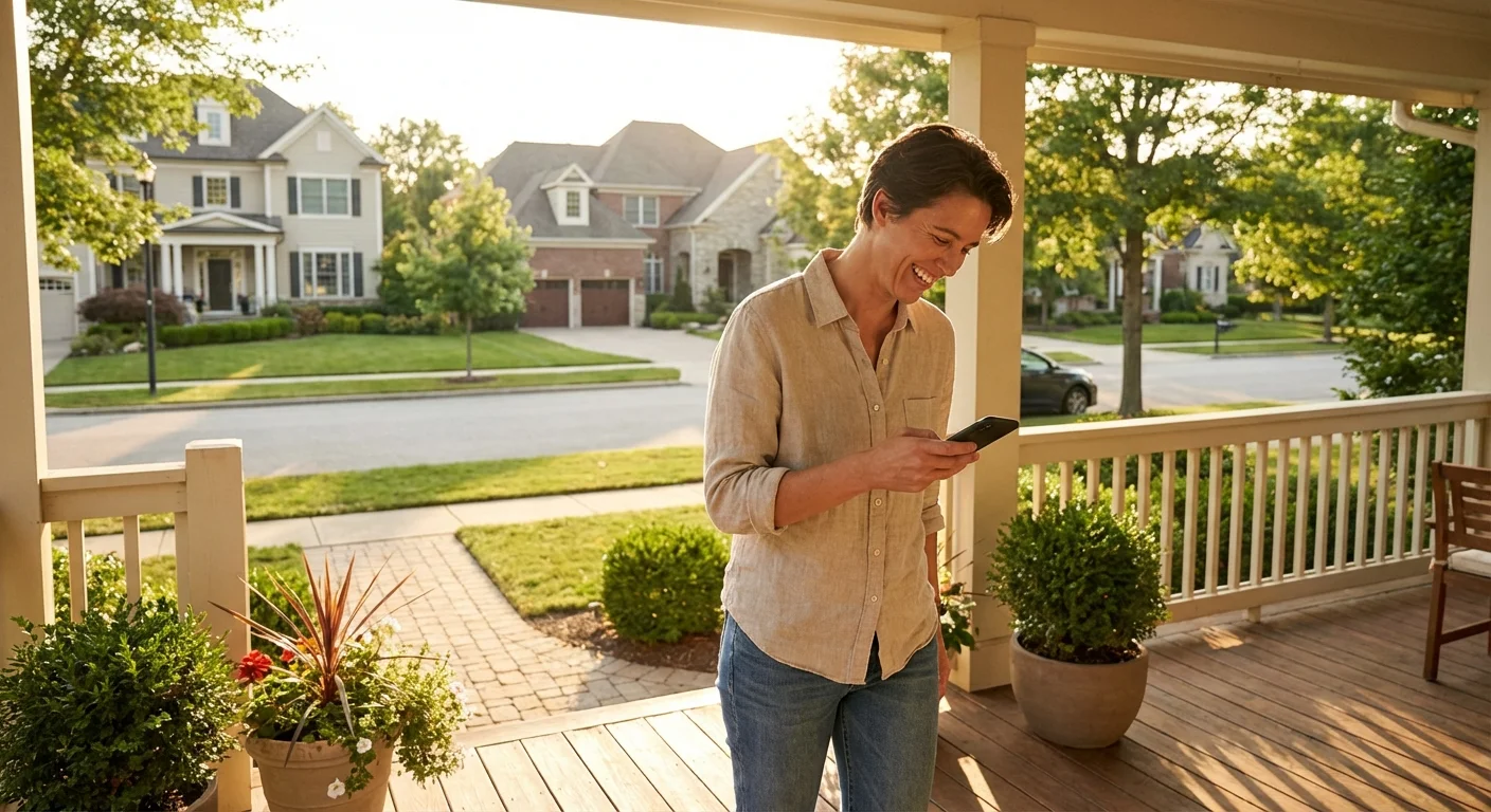 A person checking financial news on a phone while standing on a sunny porch.