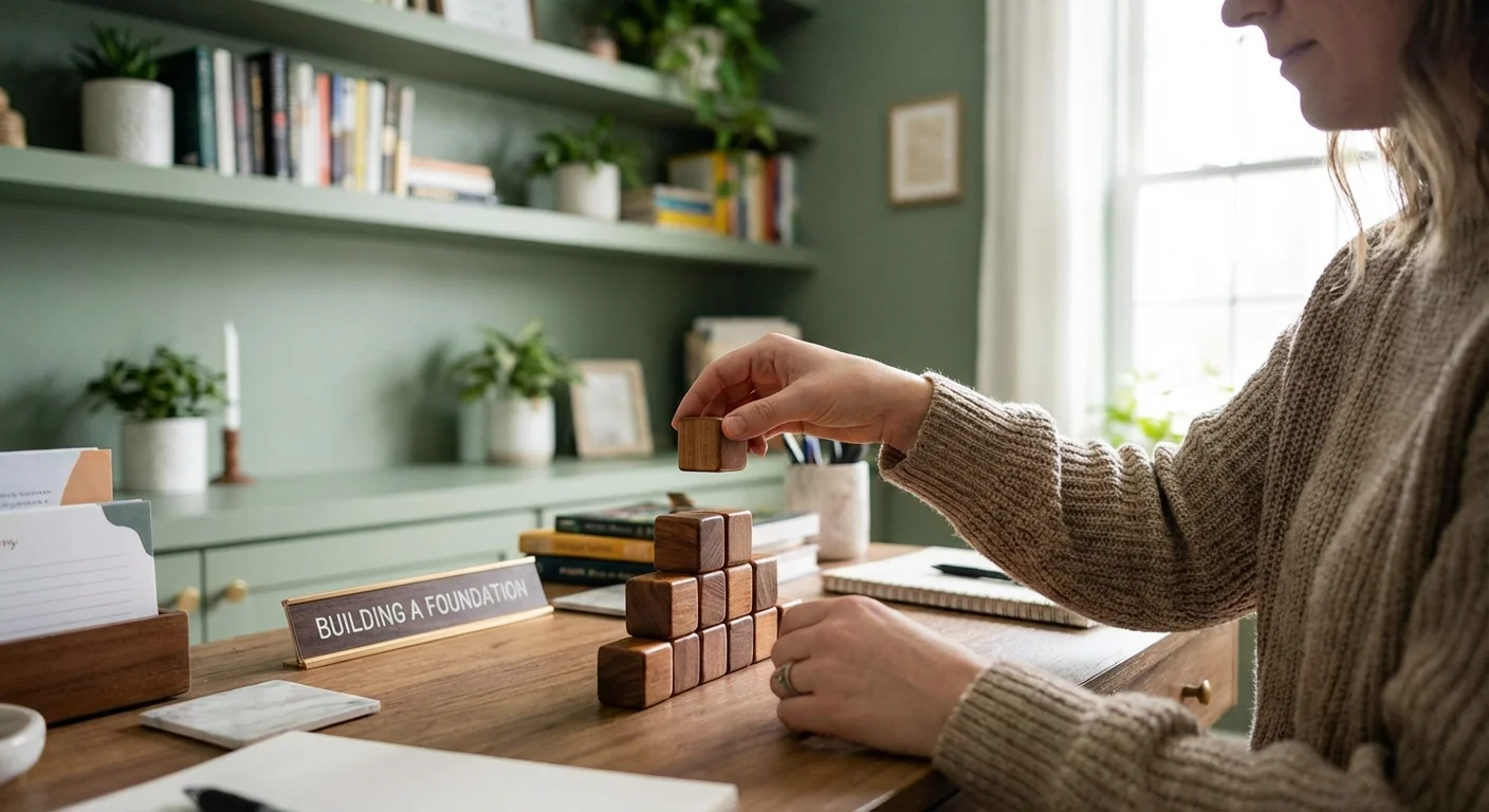 Person stacking wooden blocks to represent a solid financial foundation.